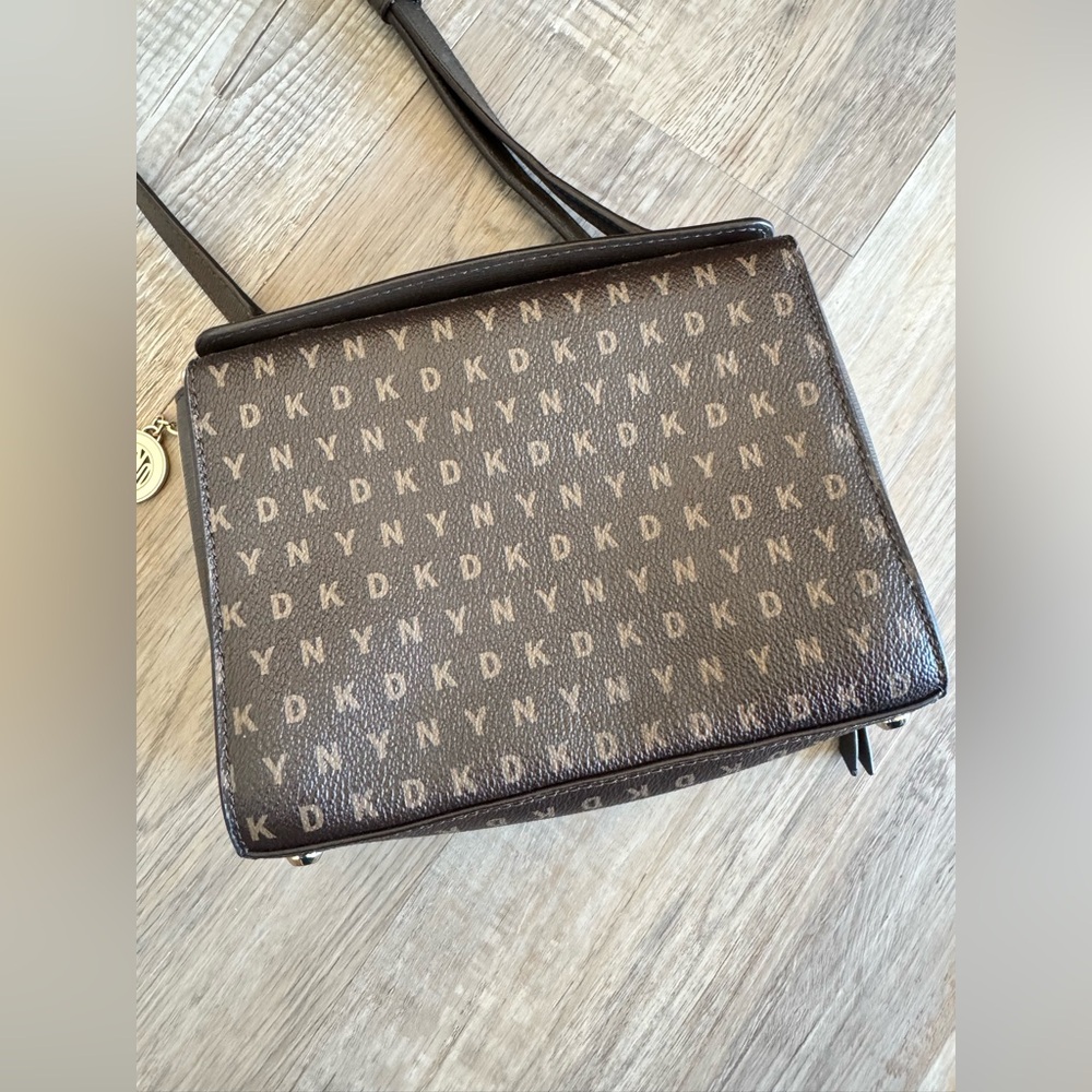 DKNY Dark Brown Monogram Shoulder Bag, chain strap - Picture 8 of 14